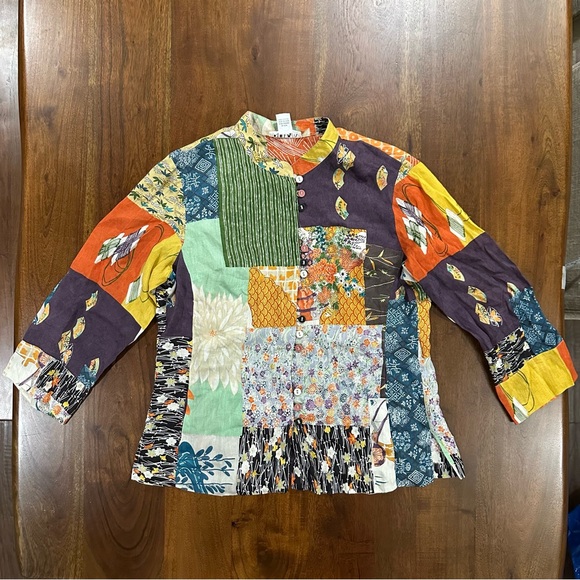 Citron of Santa Monica Jackets & Blazers - Citron of Santa Monica Patchwork Asian Silk Blend Pockets Floral Boho Top Size L